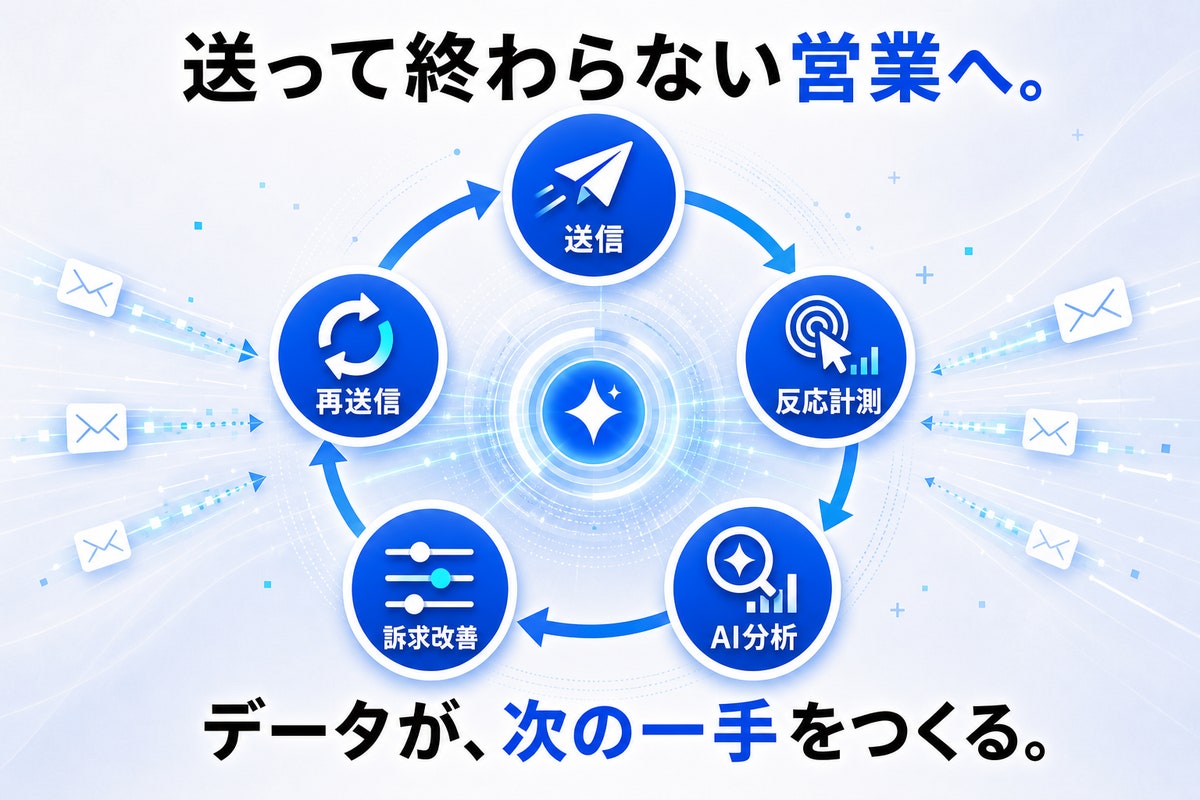 送信、反応計測、AI分析、訴求改善、再送信をつなぐ改善サイクル